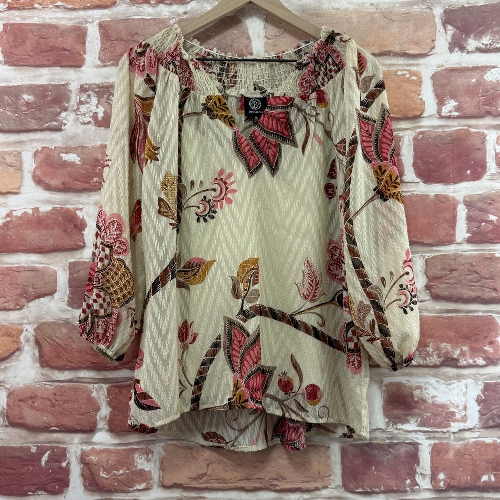 Bobeau Top Women's Medium Cream Multicolor Boho Floral Abstract Burnout Shirt